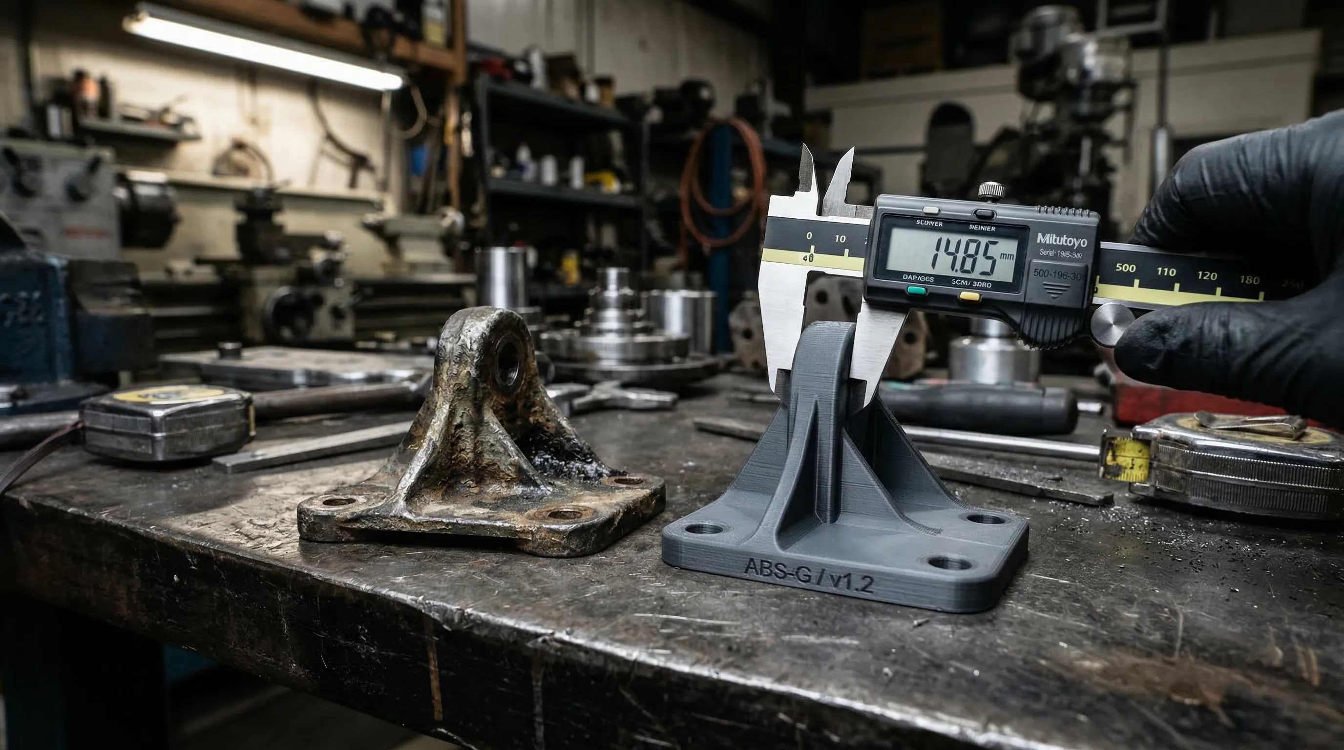 Engenharia reversa — peça original ao lado da réplica impressa em 3D com paquímetro